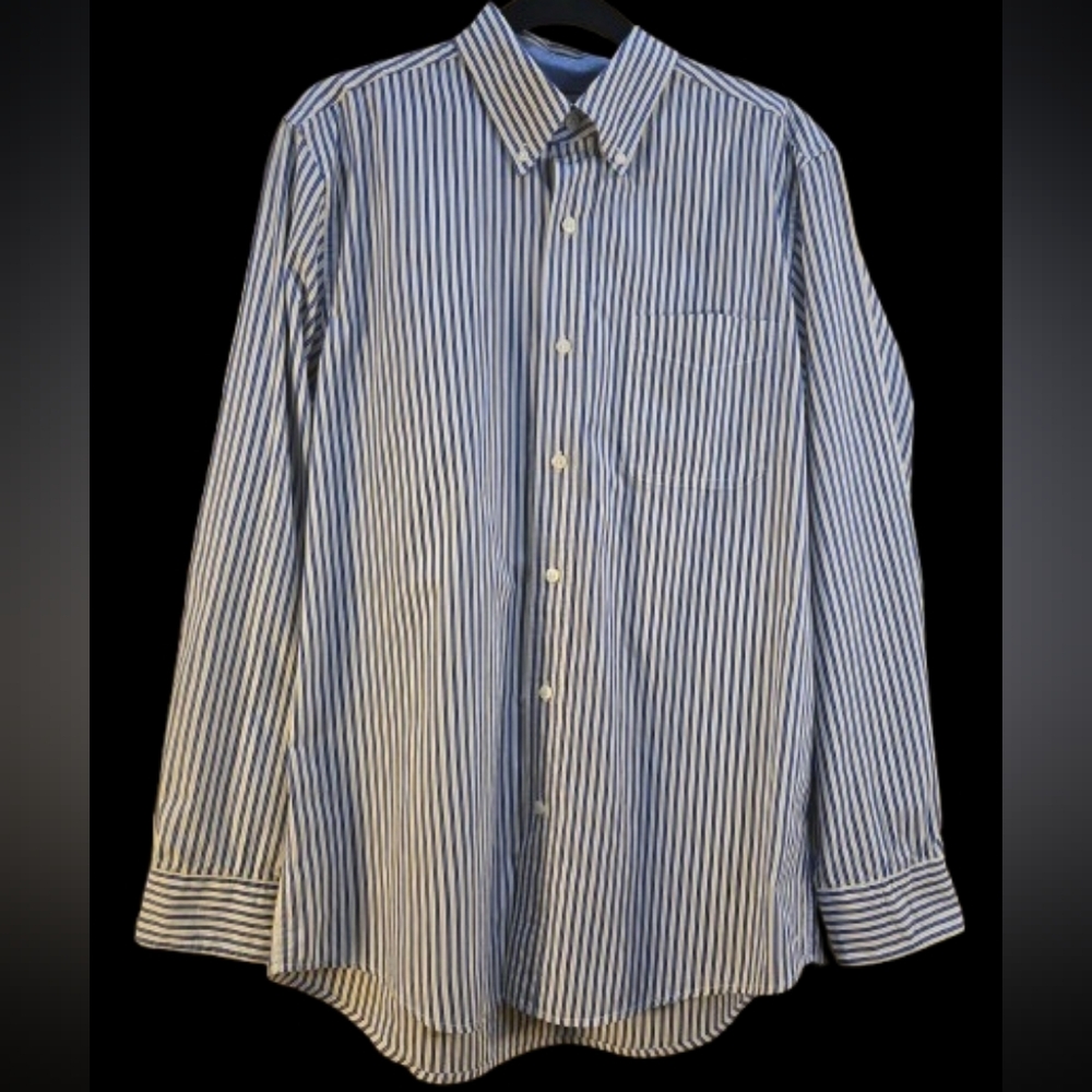 Men's Chaps Blue And Yellow Striped Easy Care Button-Down Shirt - Medium